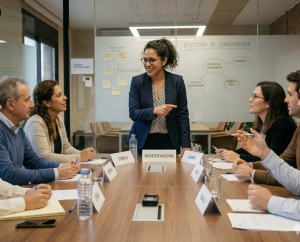 Moderator stands and points to colleagues during a business meeting; participants sit around a conference table with nameplates visible (CARLA, MODERADORA).