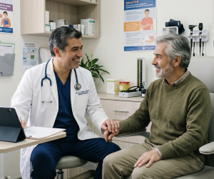 Doctor in a white coat with a stethoscope holds an elderly patient’s hand in a clinic, smiling.