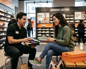 Sales associate and customer discuss sneakers while trying them on in a running shoe store, shelves of shoes in the background.