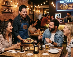 Waiter in a blue apron serves a shared plate of food to smiling diners at a bustling restaurant bar area.
