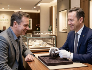 Two men at a jewelry counter; a sales associate in a suit presents a wristwatch to a customer wearing a gray blazer in a Rolex store.
