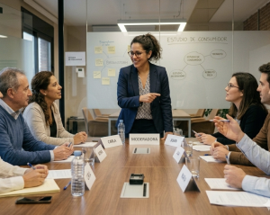 Moderator standing and speaking to a group around a conference table; name card reads Moderadora in front of her