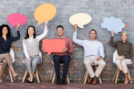 Speech bubble, feedback and survey with business people and mockup for social media, vote and revie.